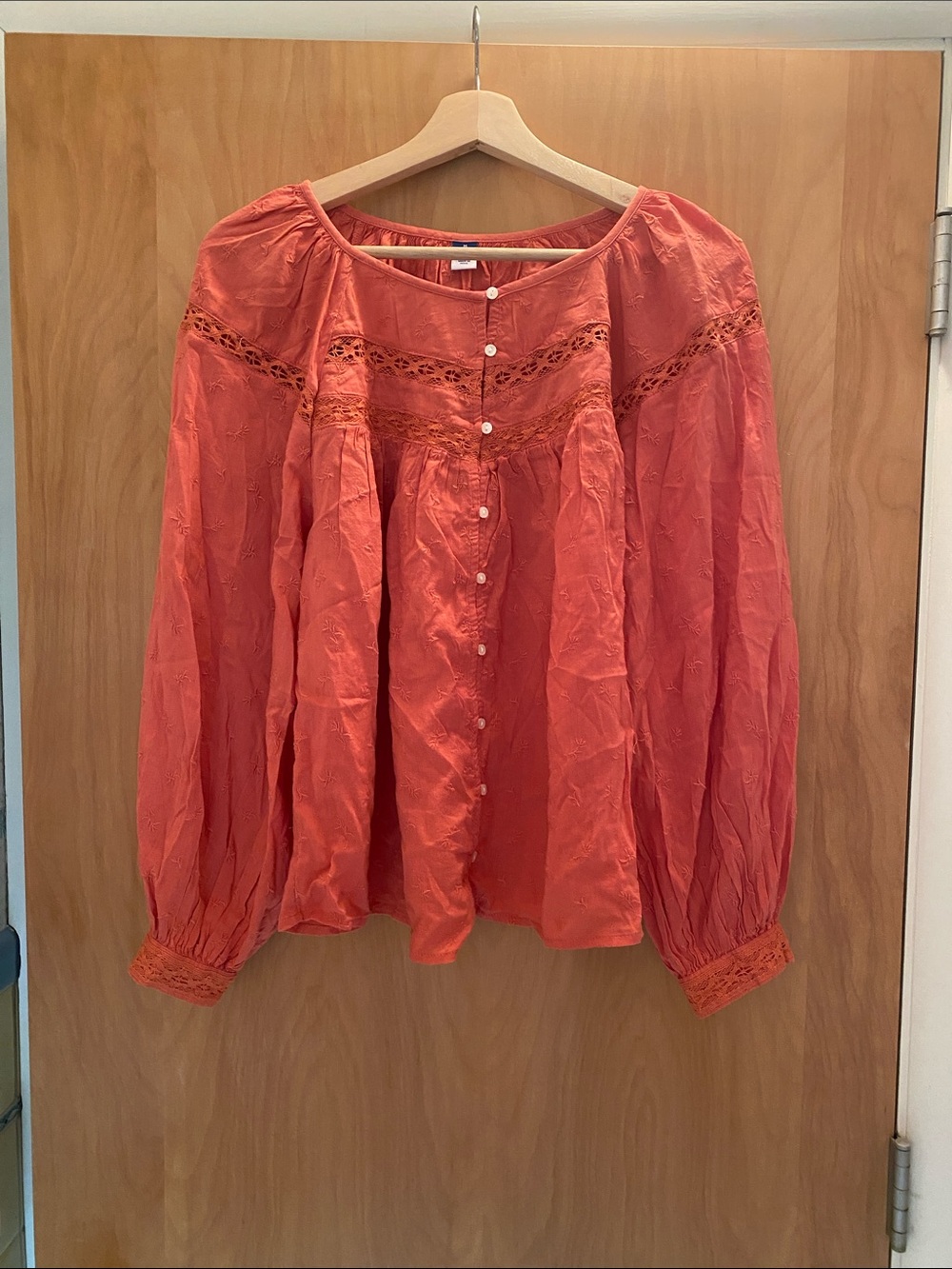 Women's Coral Peasant Blouse with Lace Trimi